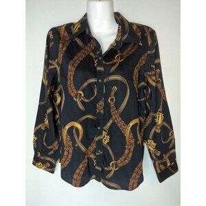 Lauren Ralph Lauren Black Cotton Equestrian  Button-Down Top Womens Large
